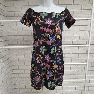 Adidas Floral Print Off Shoulder Dress Black Multicolor Trefoil Size S